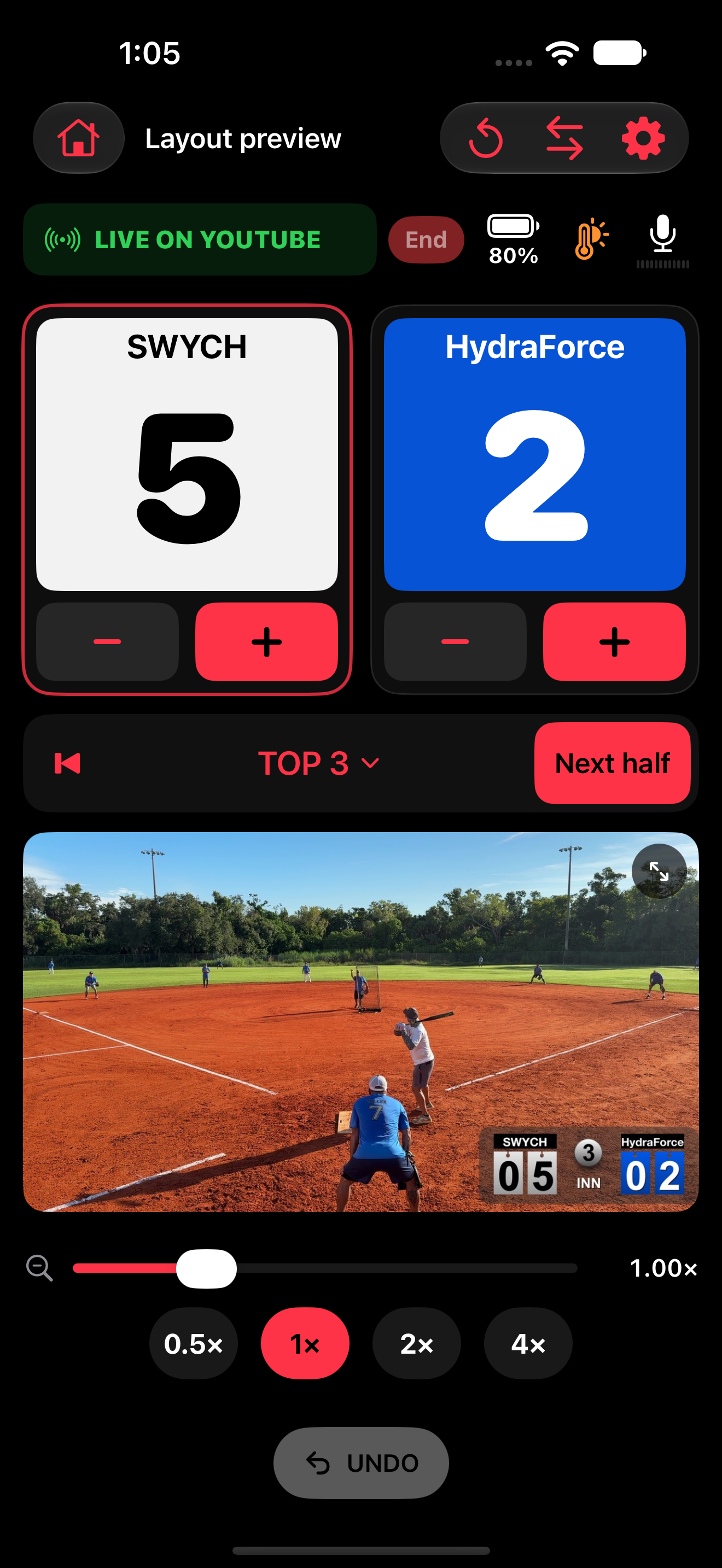 Score Monkey remote beta layout showing large scores, camera battery, heat indicator, microphone status, camera preview and zoom slider