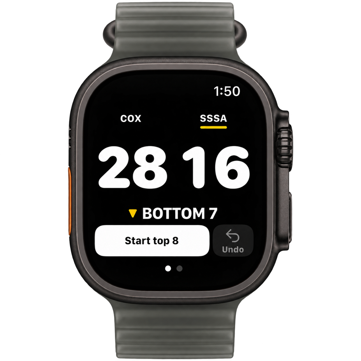 Supplied Apple Watch Ultra image with its matching ribbed band and Score Monkey’s large score controls